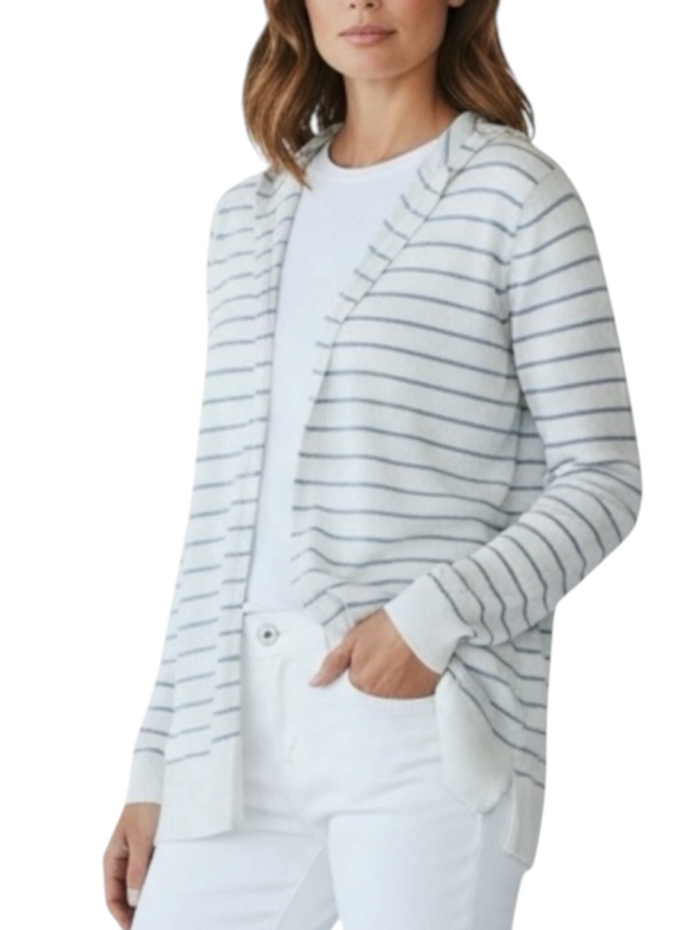 CYNTHIA ROWLEY Linen Blend Open Front Hooded Striped Sweater in White/Blue 1X